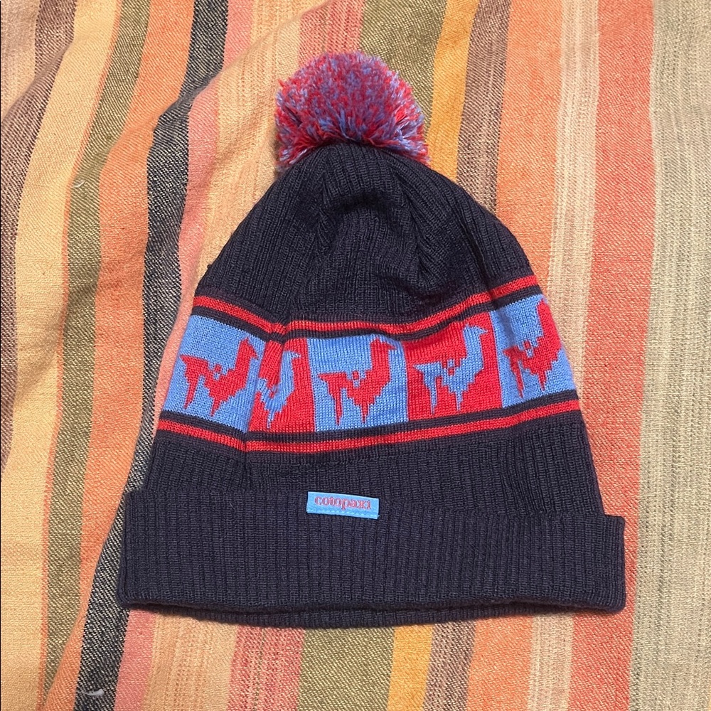Cotopaxi Blue and Red Wool Pom-Pom Beanie